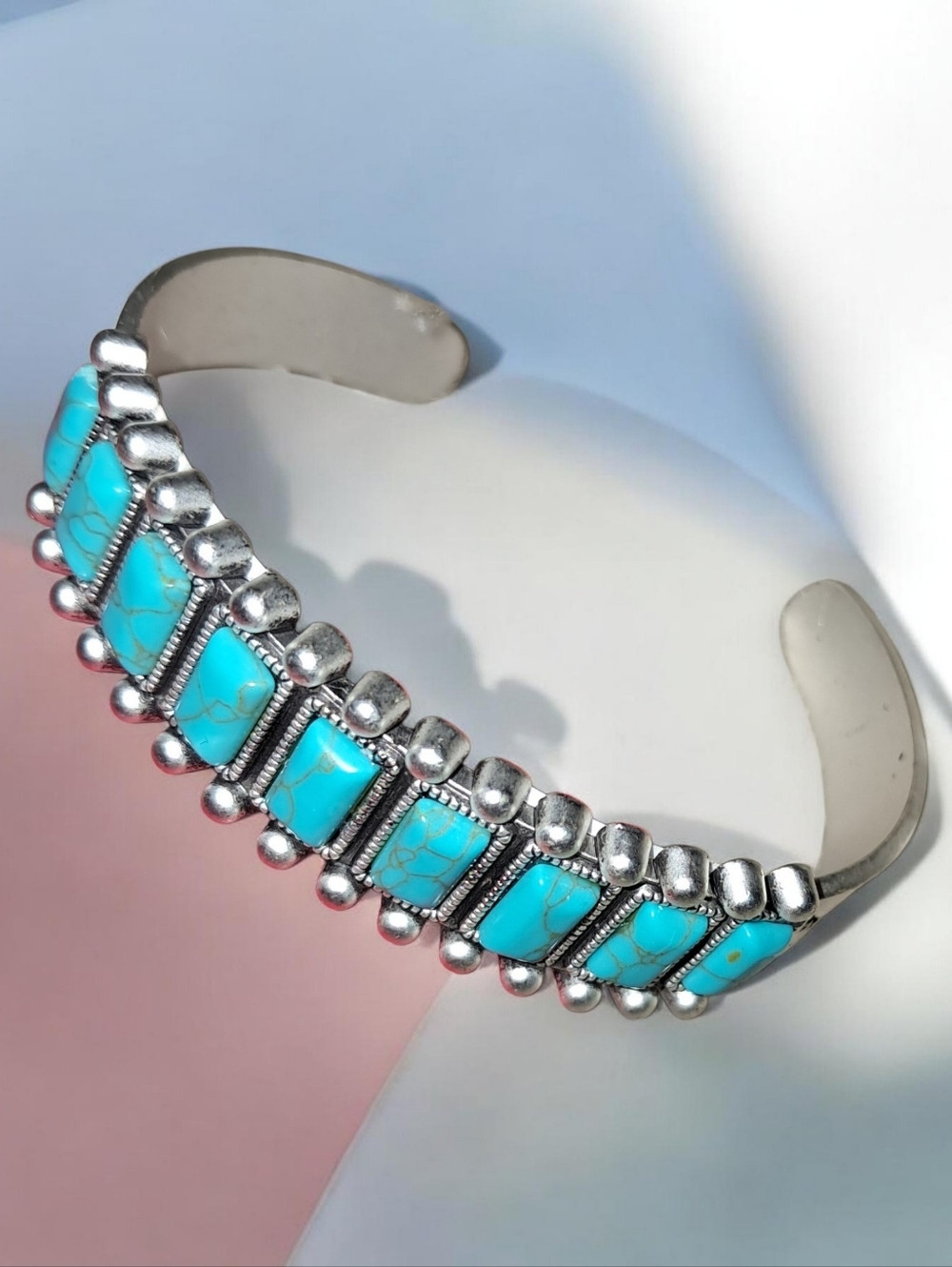 Turquoise Stone Silver-Tone Cuff Bracelet - Women Jewelry - Picture 2 of 2